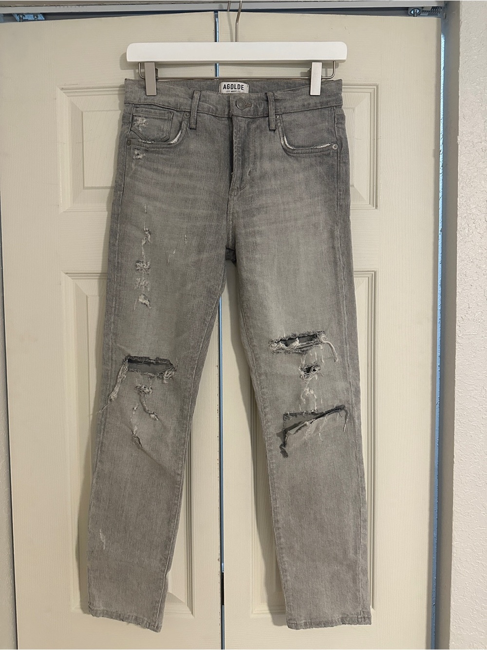 Agolde Women's Light Gray Distressed Straight-Leg Jeans